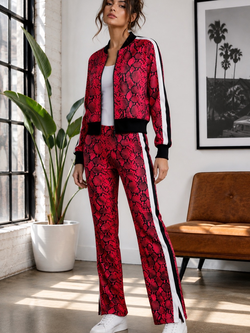 Pam & Gela Snake Print Track Suit Set L Jacket Pants Red Black Side Stripe